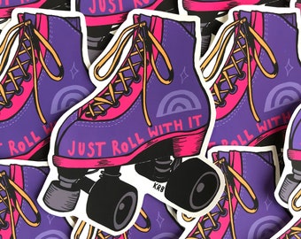 Illustrated Sticker | Retro Rollerskate Roll with it | Collectable Vinyl Sticker for decoration | Kathryn Rose Brown Art | 80s roller disco