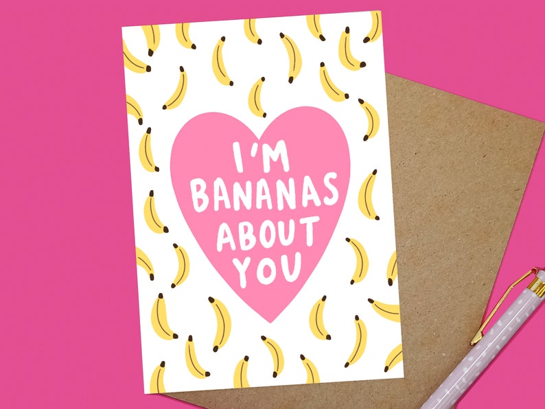 I'm bananas about you Valentine's day card Silly banana card Romantic card Funny greeting card Cute banana heart card personalised image 1