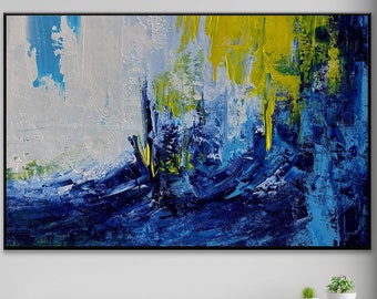 Original Extra Große Blaue Ozean Malerei Auf Leinwand Seascape Blaue Wand Kunst Malerei Große Acryl Farbe, Handgemachte Wohnkultur Kunst Gemälde