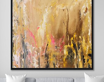 Large Abstract Yellow Oil Painting on Canvas - Modern Home Decor