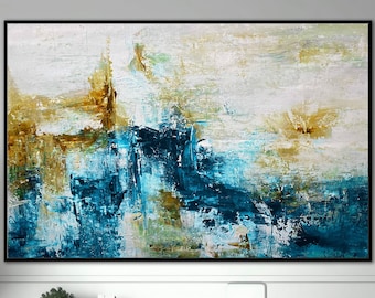 Xl Textured Art Work Blue And Gold Wall Art Wall Decor Textured Painting On Canvas, Large Textured Wall Art Canvas Abstract Oil Painting