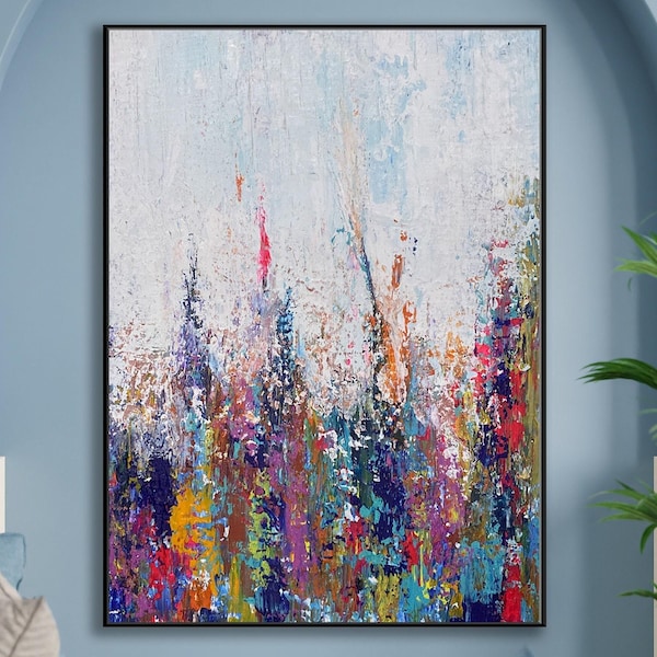 Pintura abstracta colorida, arte moderno de pared en lienzo de una casa, obra de arte colorida para paredes, pintura acrílica grande con marco.
