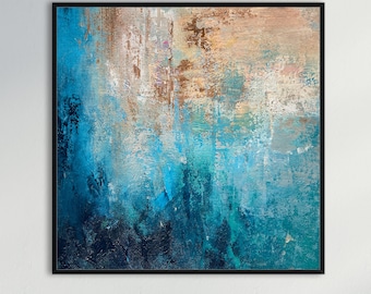 Gold And Blue Handmade Abstract Original Painting On Canvas, Trendy Canvas Art, Extra Large Painting, Home decore, Wall Art