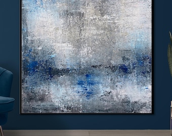 Pintura abstracta original en azul grisáceo, arte mural grande, lienzo grande, pintura extragrande, pinturas de gran tamaño, decoración de paredes para el hogar.