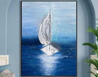 Seascape Oil Painting On Canvas Original Abstract Ocean Painting, Sailboat Painting For Living Room Wall Art Deco Decor, Unique Gift