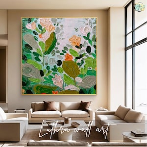 Impasto Floral Large Canvas Wall Art | Palette Knife Abstract Painting on Canvas | Green and peach Midcentury Modern Wall Art for Decor |