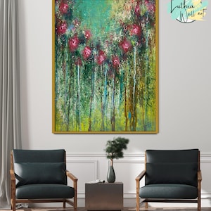 Pintura mural floral / Pintura al óleo original personalizada / Arte mural único de flores rojas / Decoración de pared para comedor / Pintura mural en lienzo