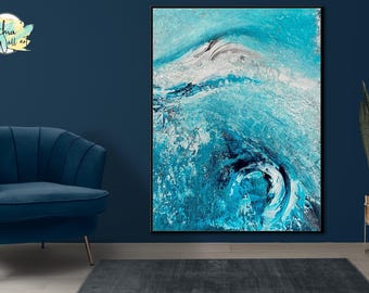 Turquoise Abstract Oil Painting: Modern Hand-Painted Canvas Art