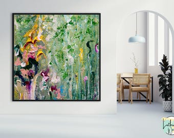 Oversized Floral Abstract Painting, Colourful Living Room Wall Decor