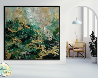 Oversize Green Abstract Wall Art Textured Painting On Canvas Wall Art Home Decor And Gift, Emerald Green Wall Art Wall Hangings Painting