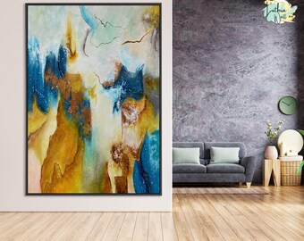 Golden Handmade Painting | Colorful Wall Art | Canvas Wall Decor | Abstract Painting | Custom Home Decor | Large Painting | Acrylic Wall Art