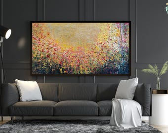 Original Textured Flower Field Painting, Colorful Abstract Landscape Art