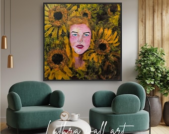 Sunflower Queen Abstract Art – Sunflower Girl Textured Acrylic Painting on Canvas, Floral Wall Art for Living Room, Bedroom & Office Decor