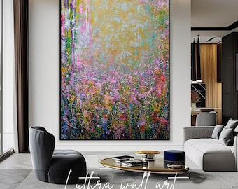 Wildflower Wall Art on Canvas | Colorful Floral Field Living Room Decor | Handmade Housewarming Abstract Painting | Dopamine Decor |