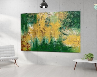 Peinture abstraite dorée et verte : art acrylique texturé sur toile