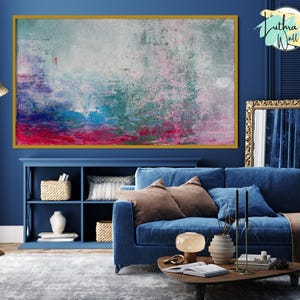 Abstrakte rosa und blaue Malerei, zeitgenössisches Kunstwerk, Palettenmesser Kunst, trendige Malerei, extra große Malerei, Wohnkultur, Wandkunst