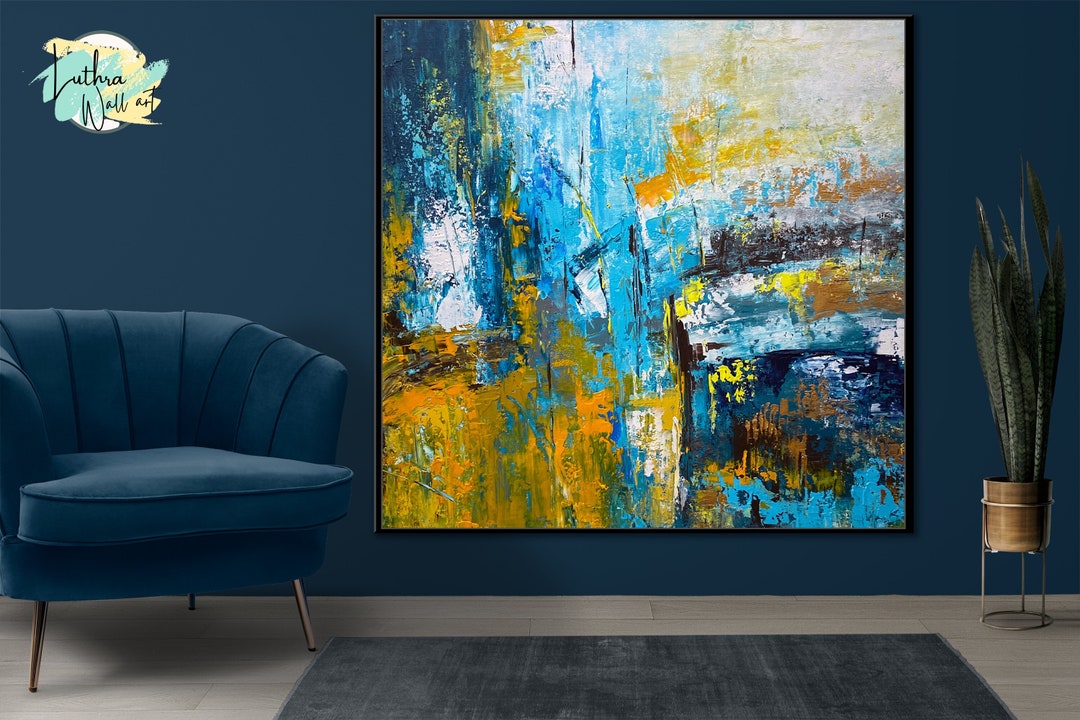 Modern Wall Decor Blue and Gold Wall Art Deco Original Painting on
