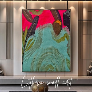 Pink and Green Boho Canvas Wall Art | Original Modern Plant Mid-Century Canvas Oil Painting | Impressionist Vintage Abstract Floral Art |