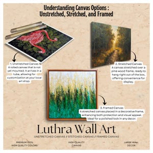 The image is a collage of three different canvas options: an unstretched canvas, a stretched canvas over a pine wood frame, and a framed canvas.
