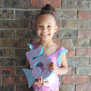 Mermaid photo prop, mermaid age birthday decor, wood number, girl birthday, milestone birthday number, child party decor, kid room decor