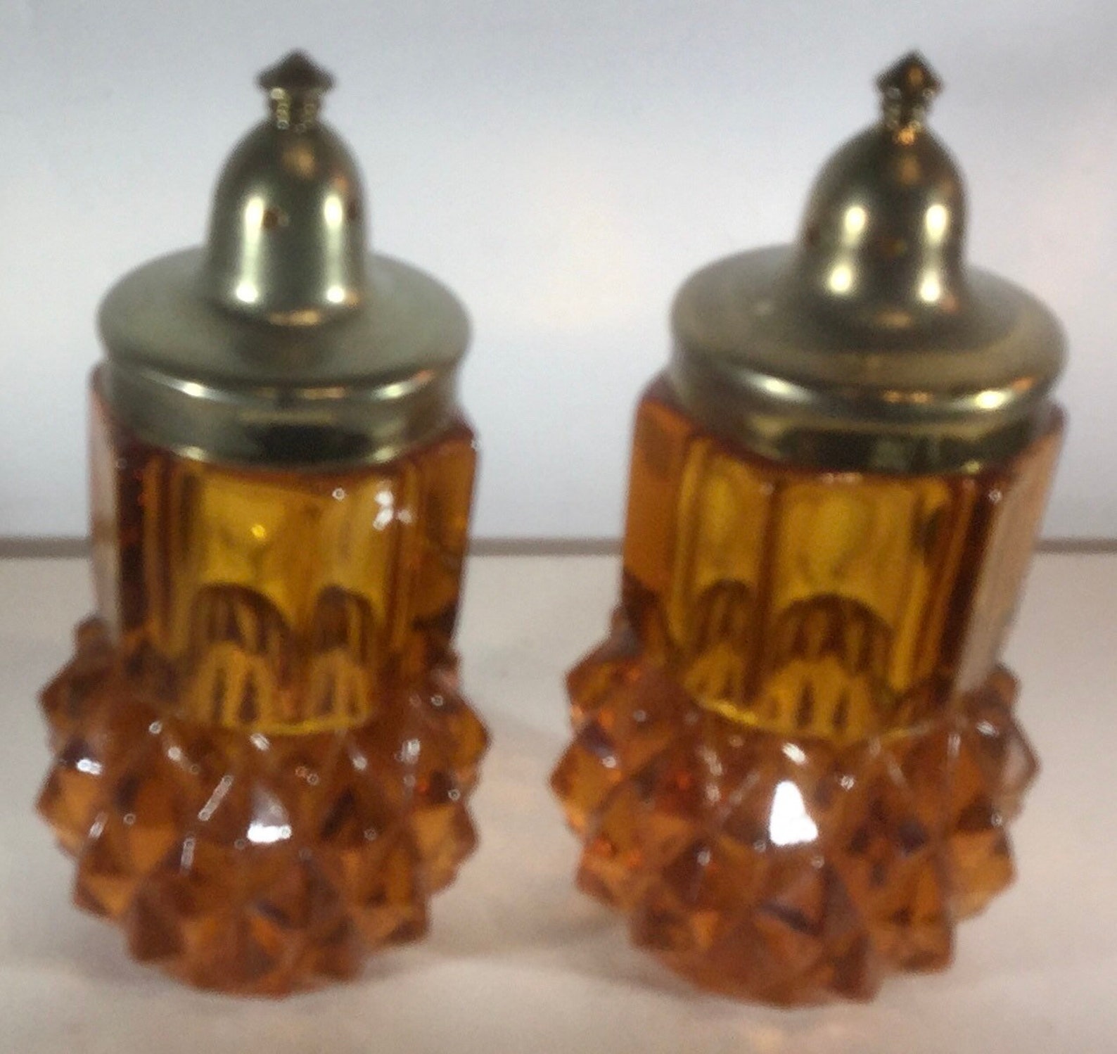 Vintage amber heavy glass salt and pepper shaker set excellent Etsy