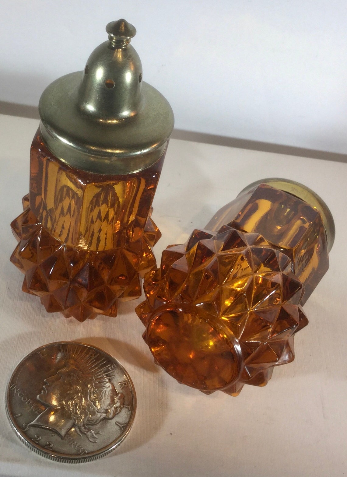 Vintage amber heavy glass salt and pepper shaker set excellent Etsy