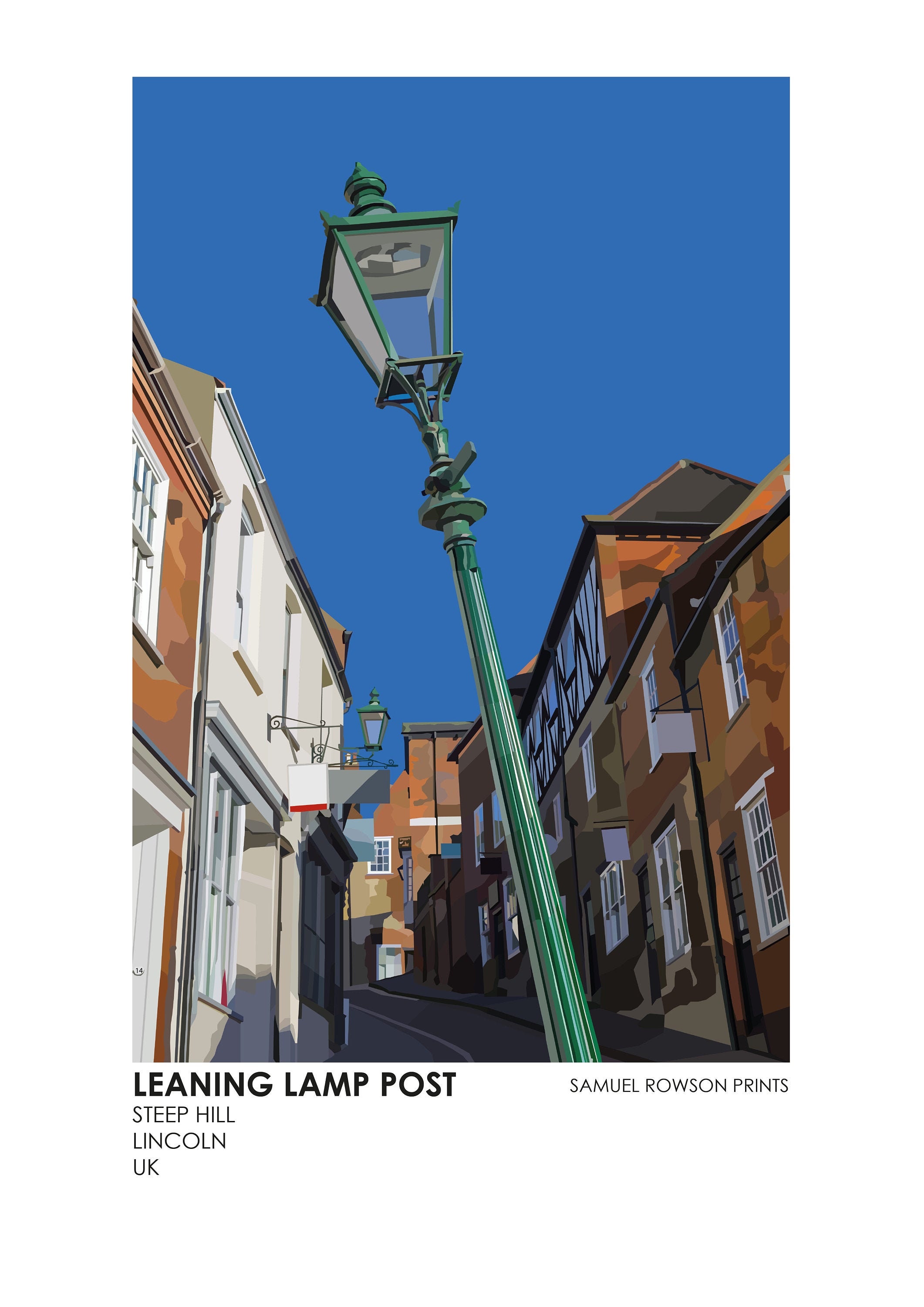 Leaning Lamp Post, Steep Hill, Lincoln. architectural Graphical Print