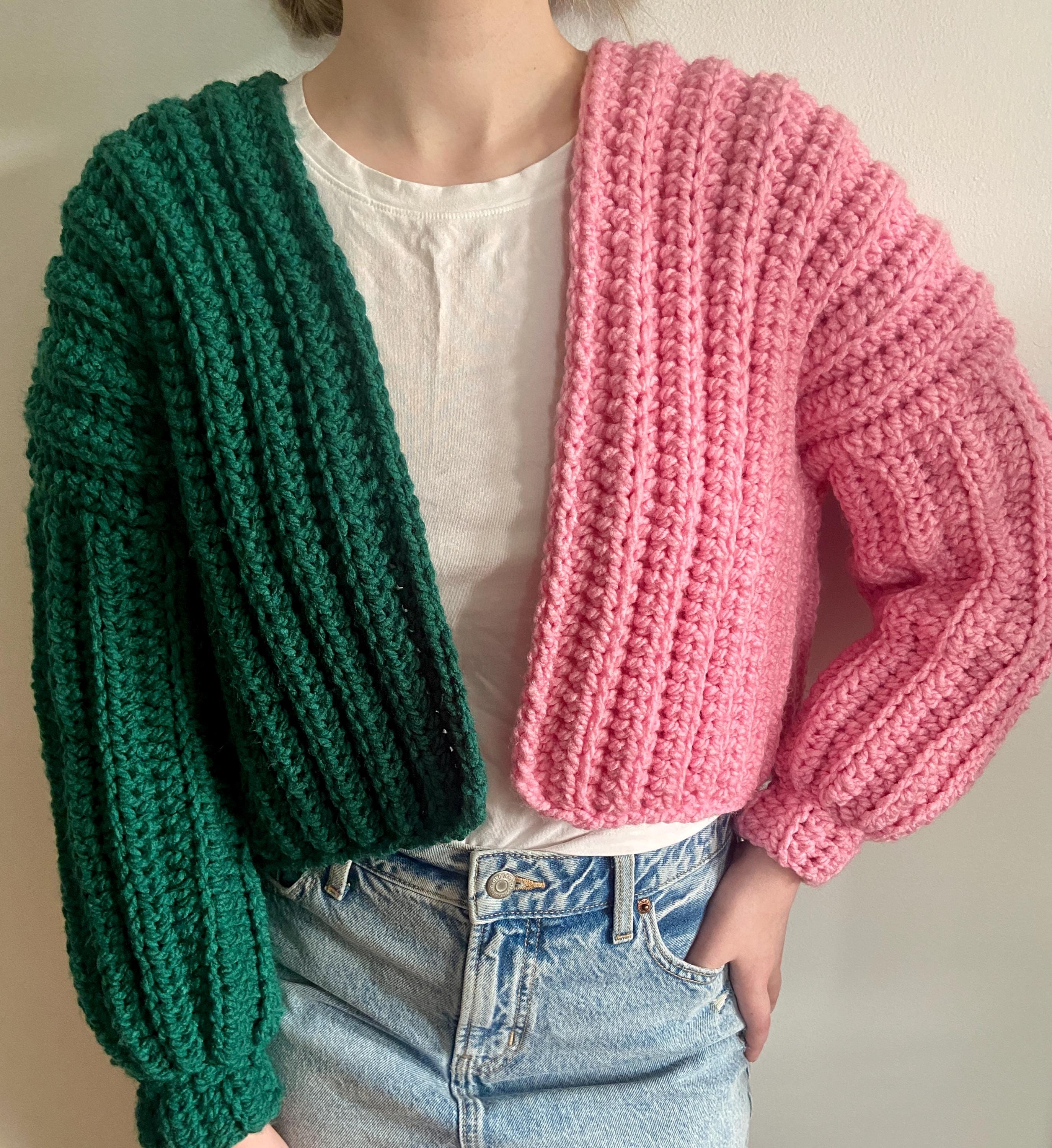 Hand Crocheted Wicked Ribbed Cropped Cardigan Sweater Spilt Color