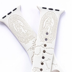 Virgin Mary Watch Band compatible with Rosa Cross Apple Watch iWatch Band Silicone Watch 38/40/41 42/44/45 Strap Laser Engraved