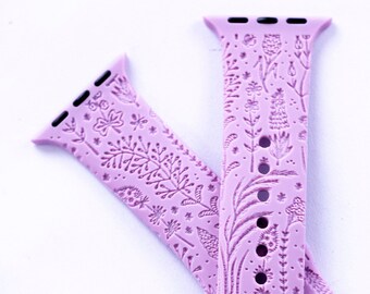 Wild Flower Watch Band compatible with Apple Watch iWatch Band Silicone Watch 38/40/41 42/44/45 Strap Laser Engraved