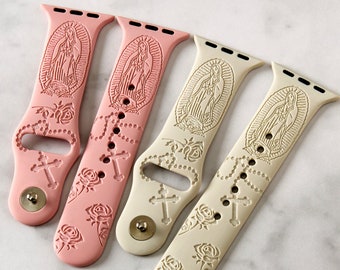 Virgin Mary Watch Band compatible with Rosa Cross Apple Watch iWatch Band Silicone Watch 38/40/41 42/44/45 Strap Laser Engraved