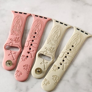 Correa de reloj Virgen María compatible con Rosa Cross Apple Watch iWatch Correa de silicona Reloj 38/40/41 42/44/45 Correa grabada a láser