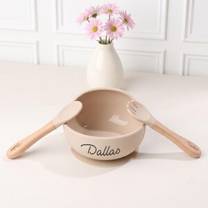 Personalized Name Silicone Bowl Set for Baby/ Custom Engraved Wooden Silicone Spoon Fork/ Toddler Self Feeding/ Nursery Baby Shower Gifts