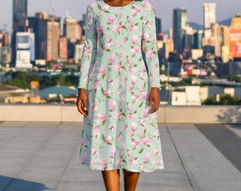Mint Green Floral Maxi Dress | Long Sleeve Polyester Spring Dress