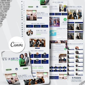 May include: A digital Canva site template for New Horizon Ministry featuring five pages, instructional video, and a branded boutique store layout. The design includes sections for sermons, media, team profiles, and event updates with a clean, professional aesthetic.