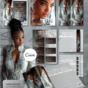 May include: A 3-piece digital template set for bridal makeup artists featuring a branded boutique store flyer, a bridal skin prep guide, and a wedding day makeup schedule. The designs include imagery of a person in a white lace wedding dress.