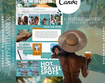 May include: A website banner template with a tropical theme. The design includes the text "Pack Your Bags! It's Time for a Vacation" and "Hot Travel Spots." The image features a person wearing a straw hat and holding a drink, with a background of palm trees.