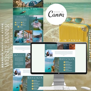 Puede incluir: Una plantilla de banner de sitio web para una tienda boutique de viajes. La pancarta presenta un esquema de color azul verdoso y blanco con imágenes de un lago, montañas y un barco. El texto "Travel Quien", "Destination", "About Us" y "Ready to Book" se muestra en la pancarta. La pancarta está diseñada para ser utilizada en sitios web de Shopify o Wix. El texto "Made in Canva" y "Edit in Canva" también se muestra en la pancarta.