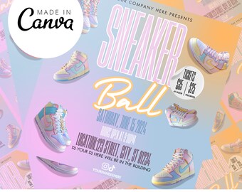 Puede incluir: Un folleto en colores pastel para un evento "Sneaker Ball", con ilustraciones de zapatillas de caña alta. El folleto incluye detalles del evento como la fecha, la hora y el lugar, junto con los precios de las entradas. El texto "Made in Canva" también es visible.