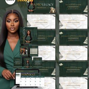 May include: A promotional image for a tax preparation course. The image features a woman in a green blazer, a laptop displaying a calendar, and several course modules with text like "Tax Pro Legacy" and "Income Reporting". The Canva and Skool logos are visible.