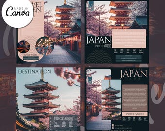 May include: Four square social media templates featuring a red pagoda with cherry blossoms in the background. The text on the templates reads "Japan" and "Price $1000".
