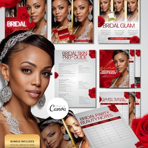 May include: A digital marketing template set for bridal makeup services featuring red roses and a person wearing a silver headpiece and earrings. The set includes social media flyers, a bridal skin prep guide, a wedding day makeup timeline, and a bridal party beauty notes sheet with text in English.