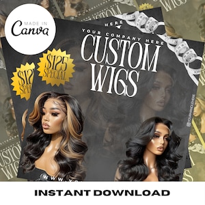 Puede incluir: Un diseño gráfico en blanco y negro anuncia pelucas personalizadas. El anuncio presenta a dos mujeres con pelucas largas y estilizadas. El texto dice "Tu empresa aquí Pelucas personalizadas" y "Descarga instantánea".