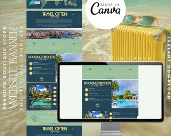 May include: A computer screen mockup displaying a website banner template for a travel agency. The banner features a tropical beach scene with palm trees and a pool, along with text that says "TRAVEL OFTEN agency". The banner is designed to be used on a website or social media.