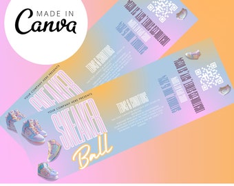 Puede incluir: Un boleto colorido para un evento de Sneaker Ball. El boleto presenta un par de zapatillas, el texto "YOUR COMPANY HERE PRESENTS" y las palabras "SNEAKER BALL" en una fuente grande y en negrita. El boleto también incluye la fecha y la ubicación del evento, así como el texto "TERMS & CONDITIONS".