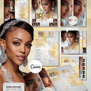 May include: A 3-piece digital template set for bridal services featuring a skin prep guide, makeup timeline e-book, and social media flyers. The design includes gold text, floral accents, and photography of a person wearing crystal jewelry.