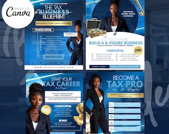 Puede incluir: Un conjunto de plantillas de folletos de cuatro piezas con un diseño azul y blanco. Los folletos promocionan servicios de preparación de impuestos, con texto como "The Tax Business Blueprint" y "Become a Tax Pro". La plantilla incluye detalles del curso y un enlace de descarga.