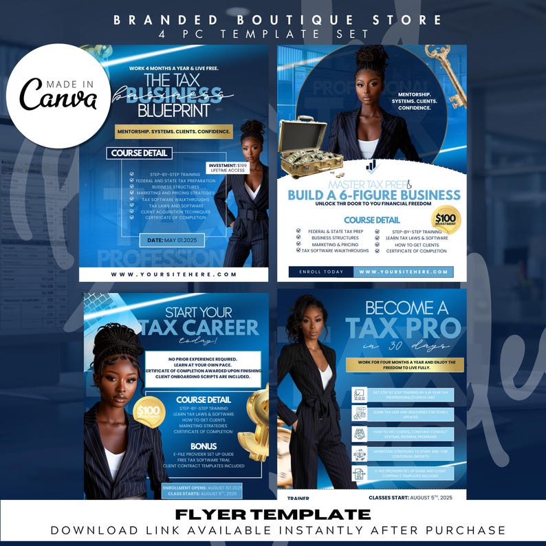 May include: A four-piece flyer template set with a blue and white design. The flyers promote tax preparation services and feature text such as "The Tax Business Blueprint" and "Become a Tax Pro in 30 Days."
