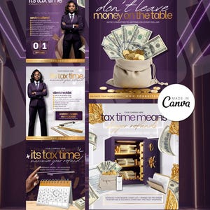 May include: A purple flyer template set with the text "its tax time" and "don't leave money on the table." The design includes images of money, a safe, and a calendar. The flyer promotes tax services.