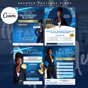 May include: A four-piece template set for a tax business, featuring a woman in a suit. The templates include course details, a blueprint, and information on building a six-figure business and becoming a tax professional. The color scheme is blue and white.
